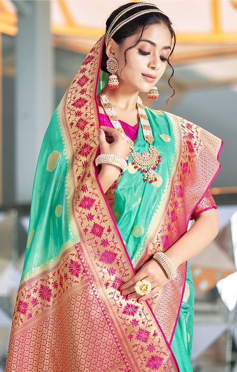 Designer Green / Magenta Silk Banarasi Saree with Zari Work for Party Wear