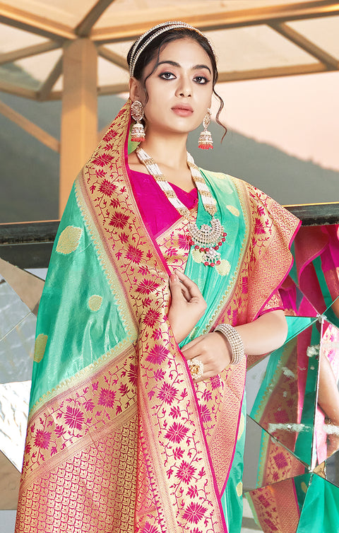 Designer Green / Magenta Silk Banarasi Saree with Zari Work for Party Wear