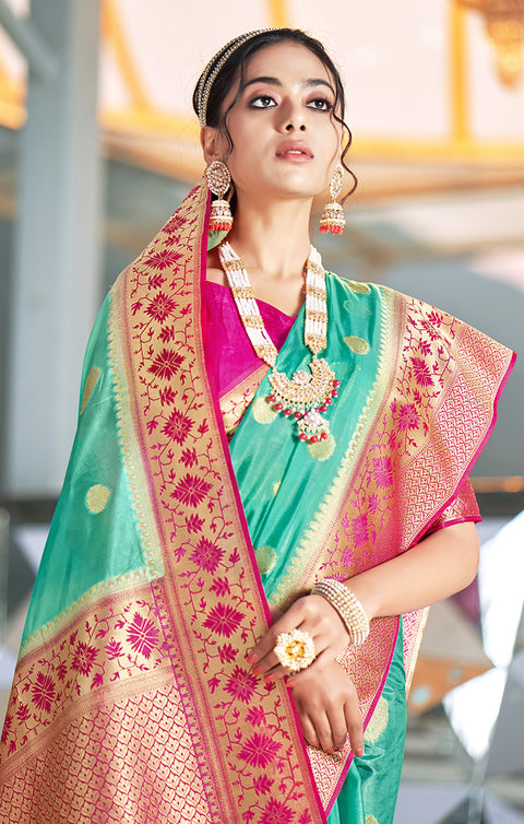 Designer Green / Magenta Silk Banarasi Saree with Zari Work for Party Wear