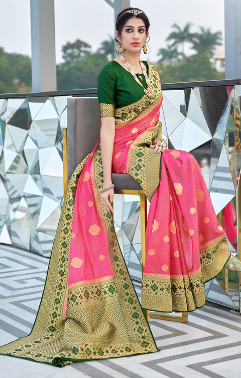 Designer Pink / Green Silk Banarasi Saree with Zari Work for Party Wear