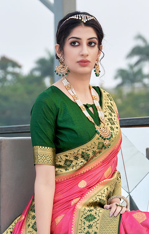 Designer Pink / Green Silk Banarasi Saree with Zari Work for Party Wear