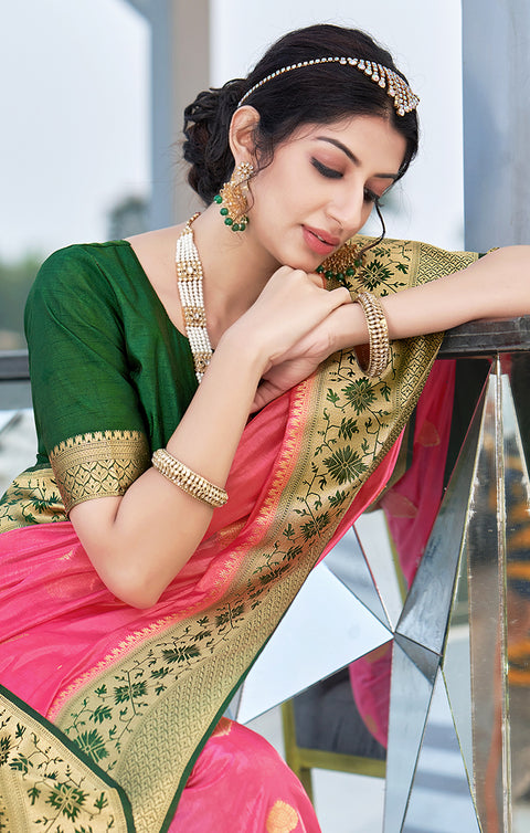 Designer Pink / Green Silk Banarasi Saree with Zari Work for Party Wear