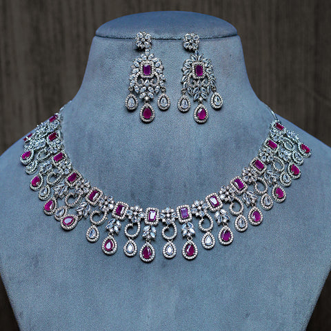 Designer Semi-Precious American Diamond & Ruby Necklace with Earrings (D495)