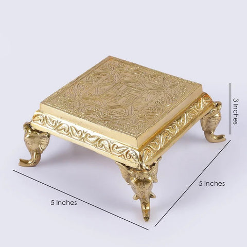 Elephant Pillar Swastika Brass Pooja Chowki 5 inches, Brass Pooja Chowki for Home Temple, Chowki for God, Ethnic Decor (Design 42)