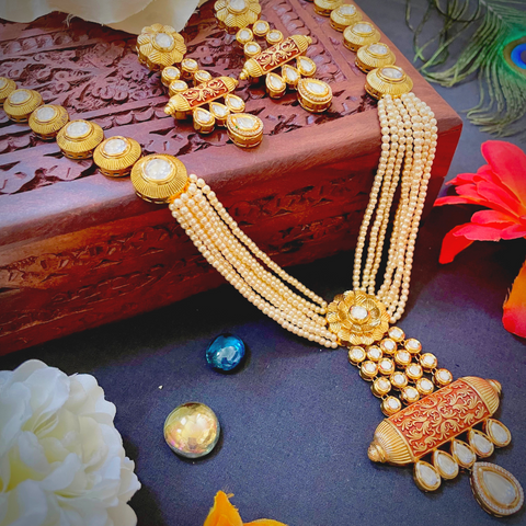 Beaded Gold Plated Brown and Red Kundan Set (D964)