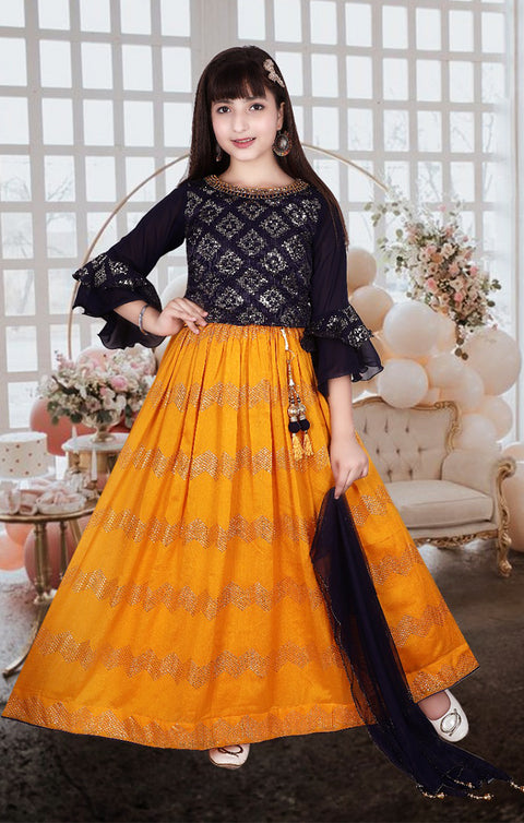 Lehenga Choli in Navy Blue/Yellow Color with Sequins & Embroidery Work
