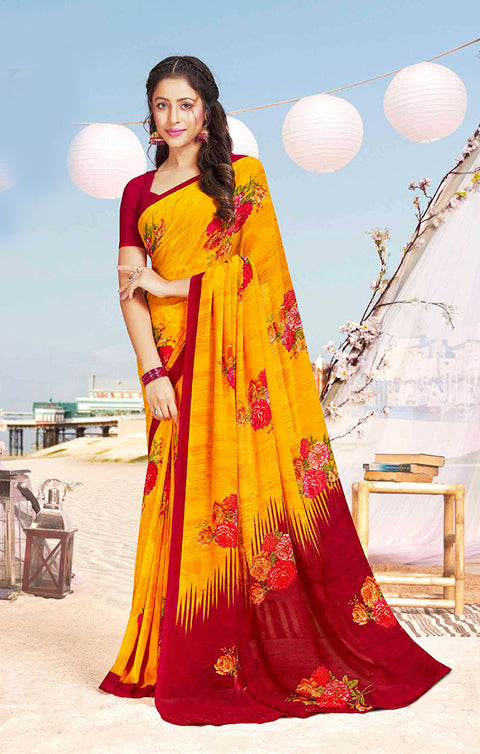 Designer Yellow/Red Georgette Printed Saree for Casual Wear (D404)