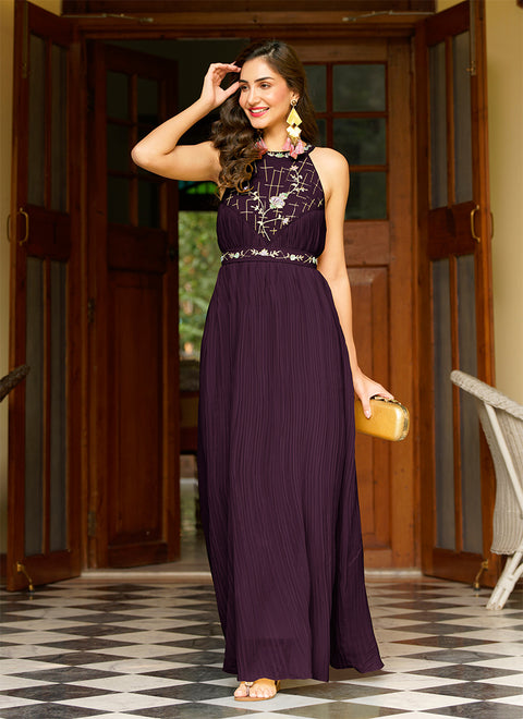 Beautiful Dark Wine Georgette Embellished Indo Western Maxi Gown (K794)