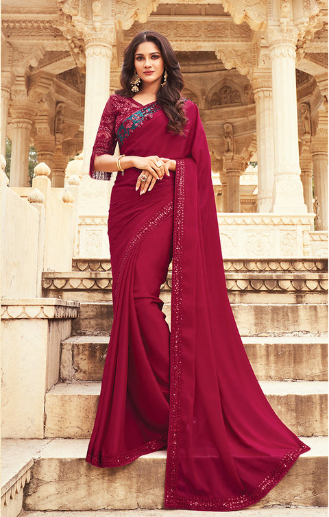 Designer Magenta Silk Georgette Saree with Sequins Embroidery & Handwork Butta Work