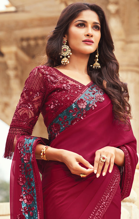 Designer Magenta Silk Georgette Saree with Sequins Embroidery & Handwork Butta Work