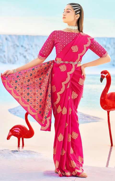 Designer Magenta / Gold Silk Banarasi Saree for Party Wear
