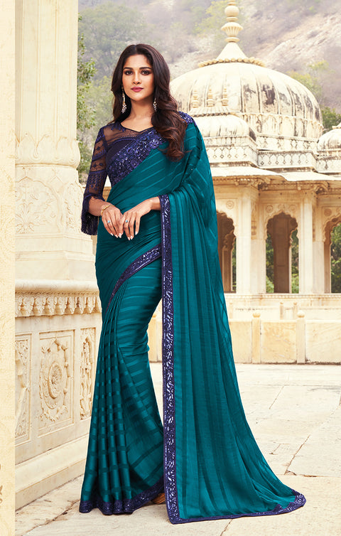 Designer Teal/Navy Silk Georgette Saree with Sequins Embroidery & Handwork Butta Work