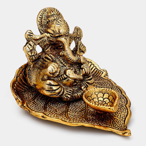 Golden Lord Ganesha With Diya On Leaf Handcrafted Metal Showpiece (D11)