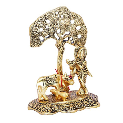 Lord Krishna Playing Flute Under Tree With Golden Cow And Calf Showpiece (D3)