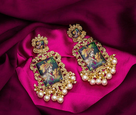 Radha Krishna Figure Earrings in Gold Tone