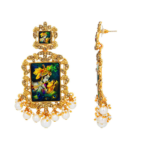 Radha Krishna Figure Earrings in Gold Tone - PAAIE