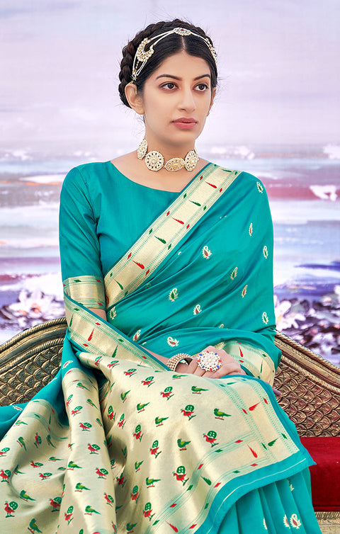 Designer Sea Green / Gold Silk Banarasi Saree for Party Wear