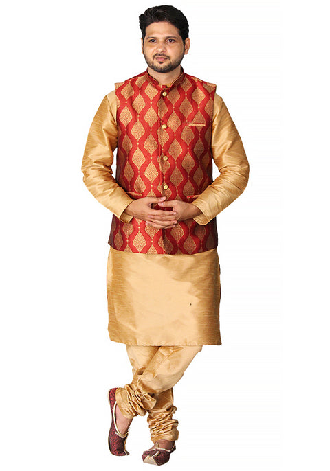 Designer Men's Festive Nehru Jacket/Waistcoat in Maroon/Golden Color (D84)