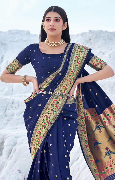 Designer Navy Blue / Gold Silk Banarasi Saree for Party Wear