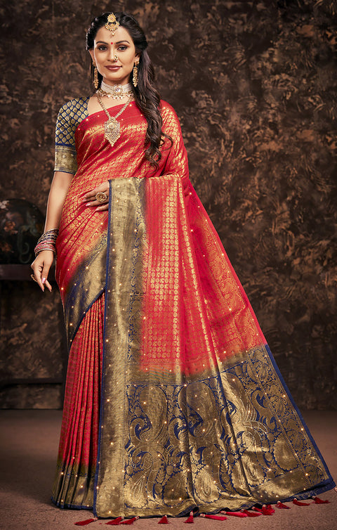 Designer Red & Blue Color Silk Saree For Casual & Party Wear (D654)