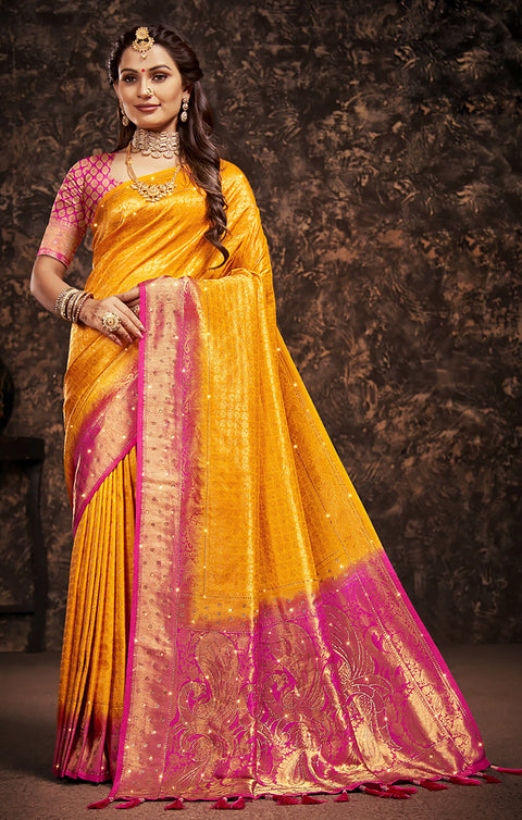 Designer Yellow & Magenta Color Silk Saree For Casual & Party Wear (D656)