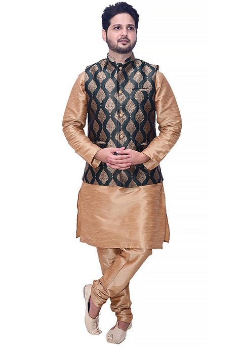 Designer Men's Festive Nehru Jacket/Waistcoat in Green/Golden Color (D86)