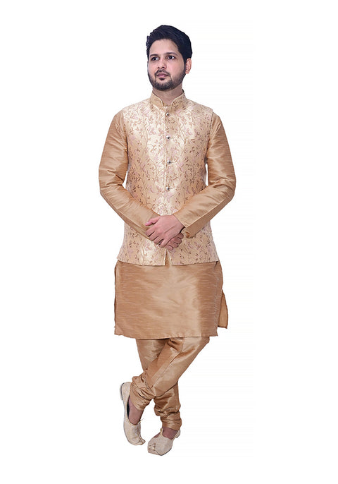 Designer Men's Festive Nehru Jacket/Waistcoat in Golden/Pink Color (D89)