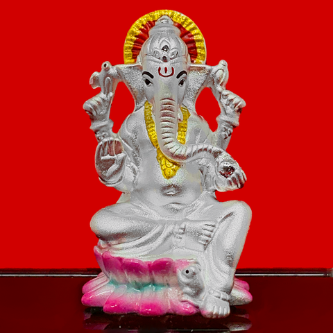 999 Pure Silver Ganesha Idol Sitting in Lotus Flower - PAAIE