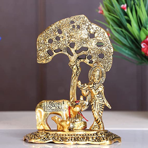 Lord Krishna Playing Flute Under Tree With Golden Cow And Calf Showpiece (D3)