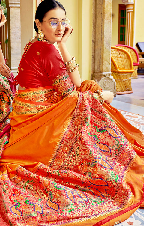 Designer Orange/Red Silk Saree in Zari Work for Party Wear