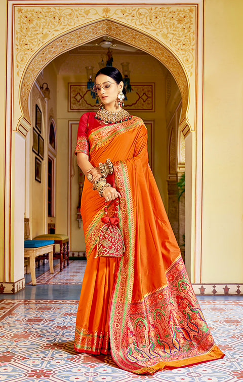Designer Orange/Red Silk Saree in Zari Work for Party Wear