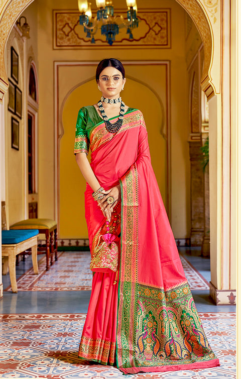Designer Pink/Green Silk Saree in Zari Work for Party Wear