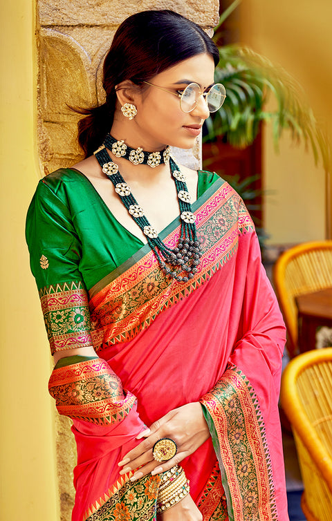 Designer Pink/Green Silk Saree in Zari Work for Party Wear
