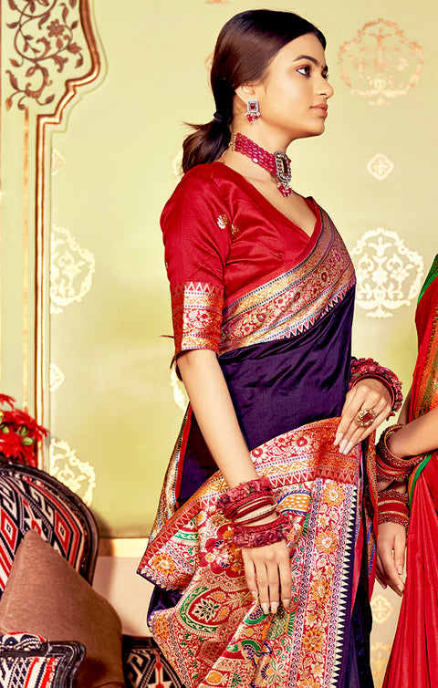 Designer Purple/Red Silk Saree in Zari Work for Party Wear