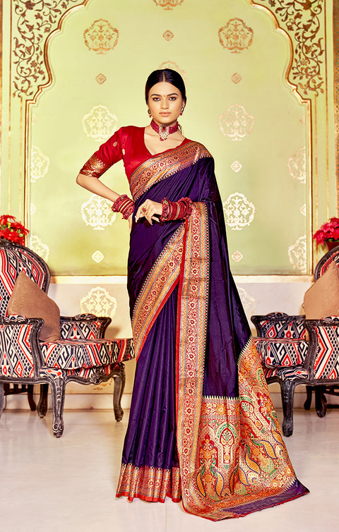 Designer Purple/Red Silk Saree in Zari Work for Party Wear