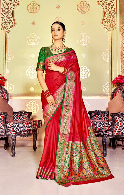 Designer Red/Green Silk Saree in Zari Work for Party Wear