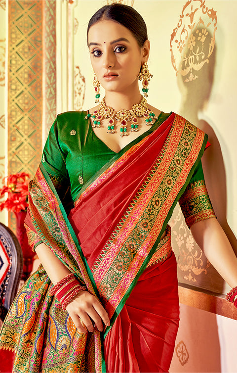 Designer Red/Green Silk Saree in Zari Work for Party Wear