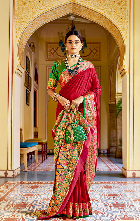 Designer Magenta/Green Silk Saree in Zari Work for Party Wear
