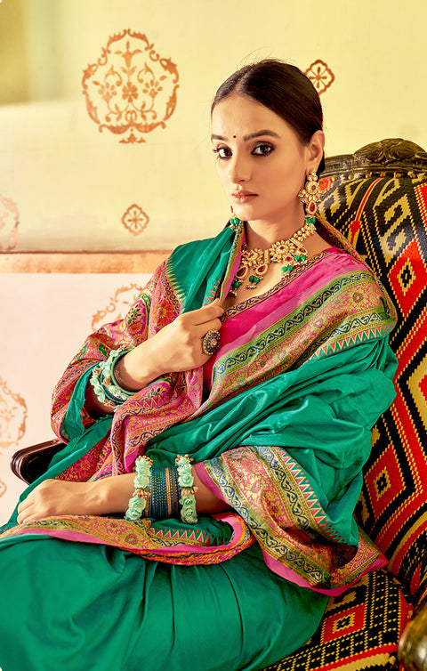 Designer Green/Pink Silk Saree in Zari Work for Party Wear