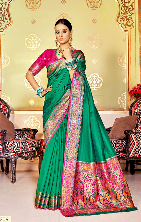 Designer Green/Pink Silk Saree in Zari Work for Party Wear