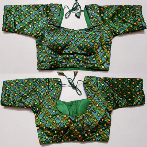 Teal Green Zari & Foil Mirror Work Blouse in Silk (Design 937)