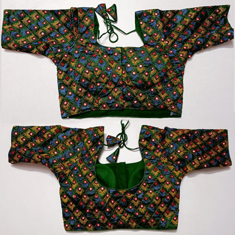 Green Zari & Foil Mirror Work Blouse in Silk (Design 938)