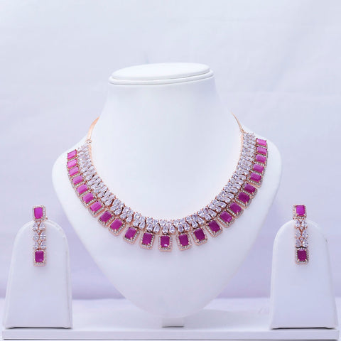 Pink Stone Silver American Diamond Contemporary Necklace with Earrings (D79) - PAAIE