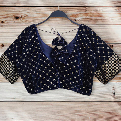 Readymade Navy Blue Velvet Embroidered Blouse For Party Wear (Design 995)