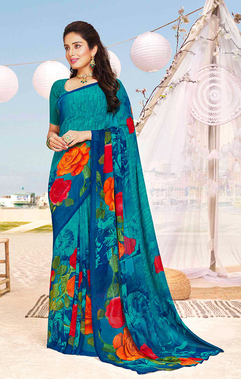 Designer Teal Blue Georgette Printed Saree for Casual Wear (D405)