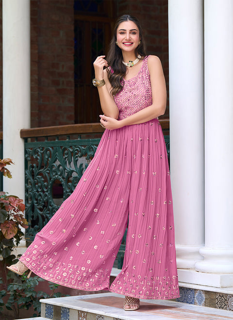 Georgette Fabric Pink Color Function Wear Soothing Jump Suit (K801)