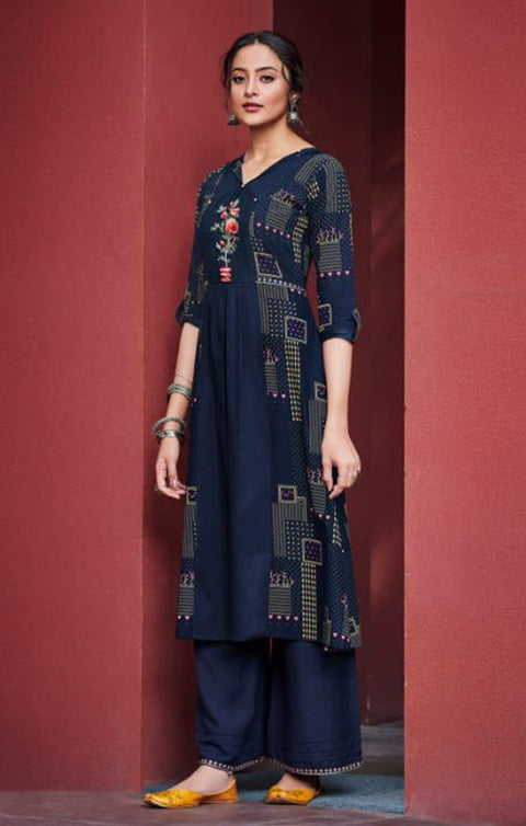 Exceptional Blue Designer Kurti with Palazzo For Casual and Ethnic Wear (K214) - PAAIE