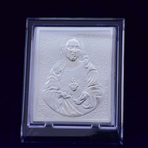 Jesus Christ Pure Silver Frame for Housewarming, Gift and Pooja 4.2 x 3.5 (Inches) - PAAIE