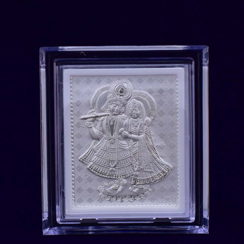 Radha Krishna Pure Silver Frame for Housewarming, Gift and Pooja 2 x 2.5 (Inches) - PAAIE