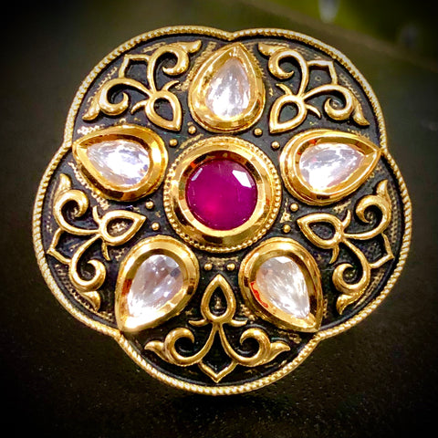 Large Black Kundan Adjustable Ring (Design O5)
